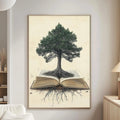 a large framed artwork depicting a tree with roots emerging from an open book, creating a unique and imaginative scene.