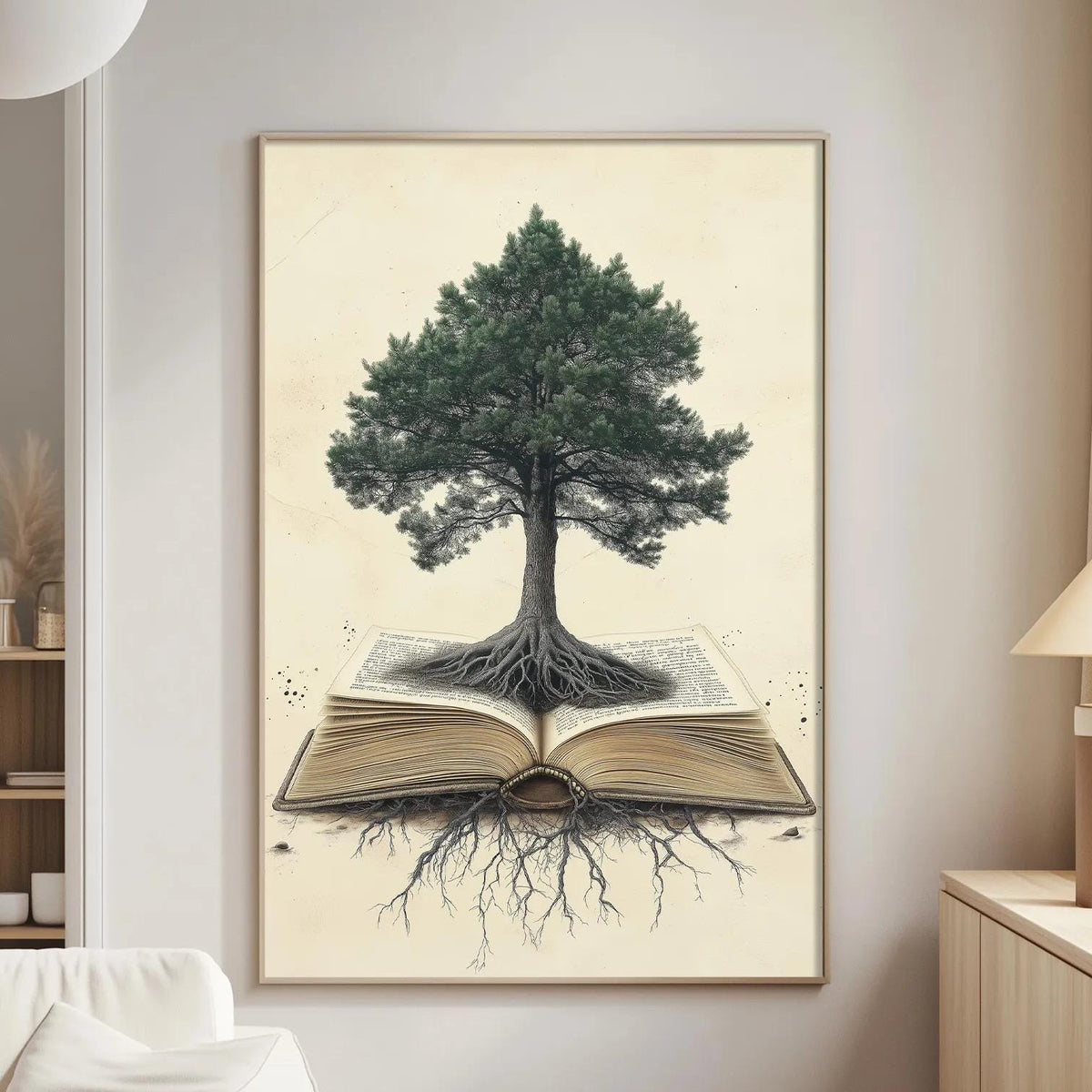 a large framed artwork depicting a tree with roots emerging from an open book, creating a unique and imaginative scene.