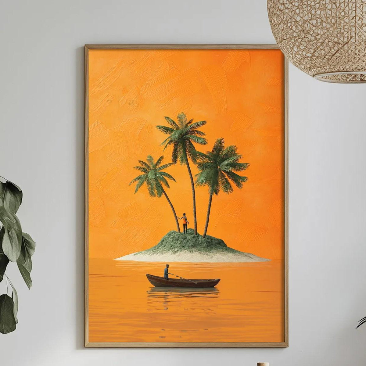 a dining table with a white tablecloth, a bowl of fruit, a bottle, and a vase with flowers. Above the table, there is a framed painting depicting a small island with a boat on the water.