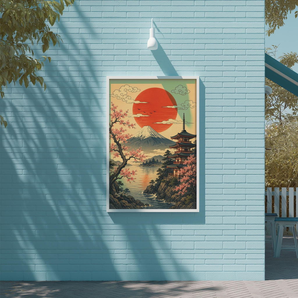 a framed painting of a serene Japanese landscape, depicting a mountain with a temple, surrounded by cherry blossoms and a vibrant red sun.