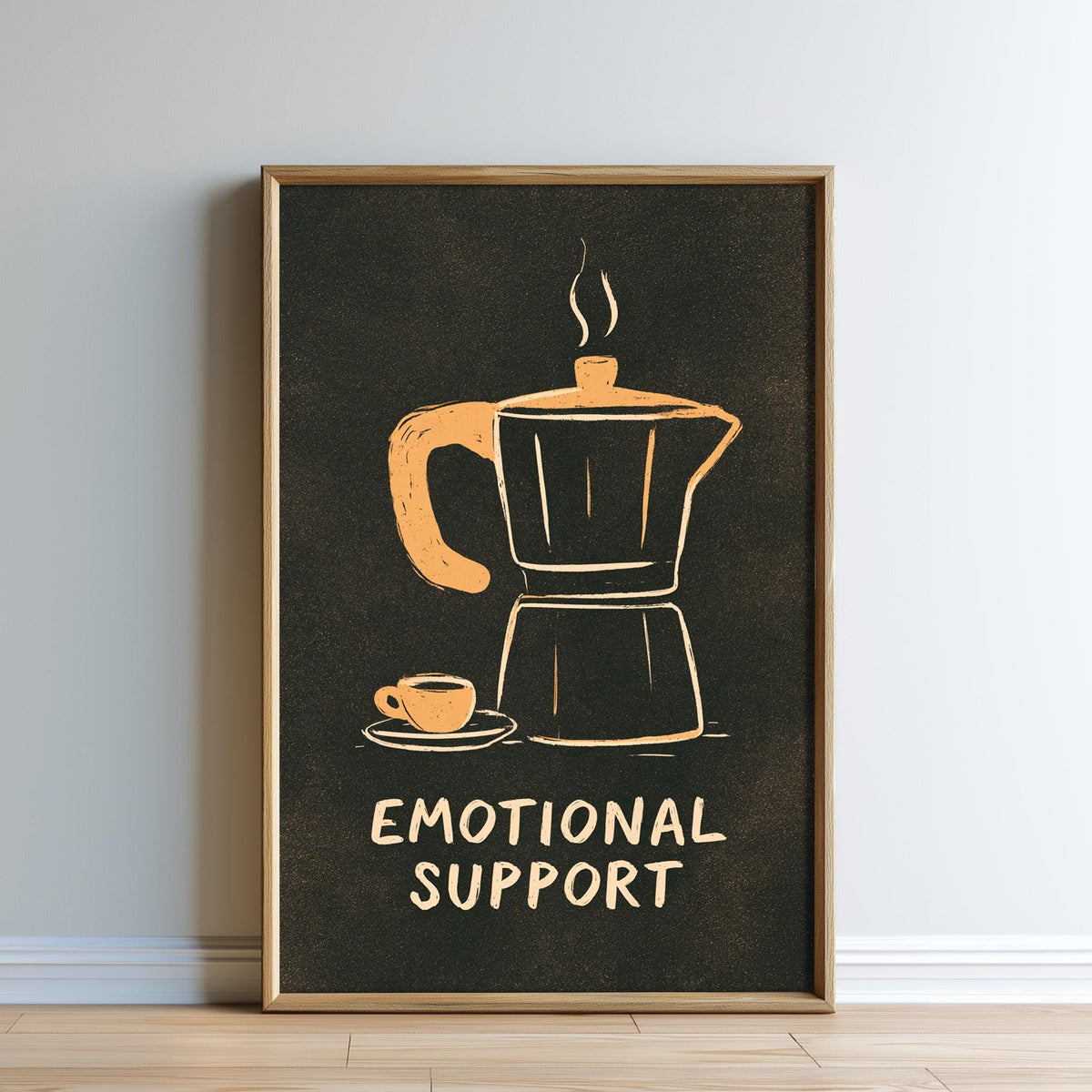 The image is a framed poster with an illustration of a coffee maker and a cup of coffee, accompanied by the text "Emotional Support" in a simple, elegant font.