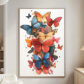 a large, colorful painting of butterflies hanging on a wall in a living room.