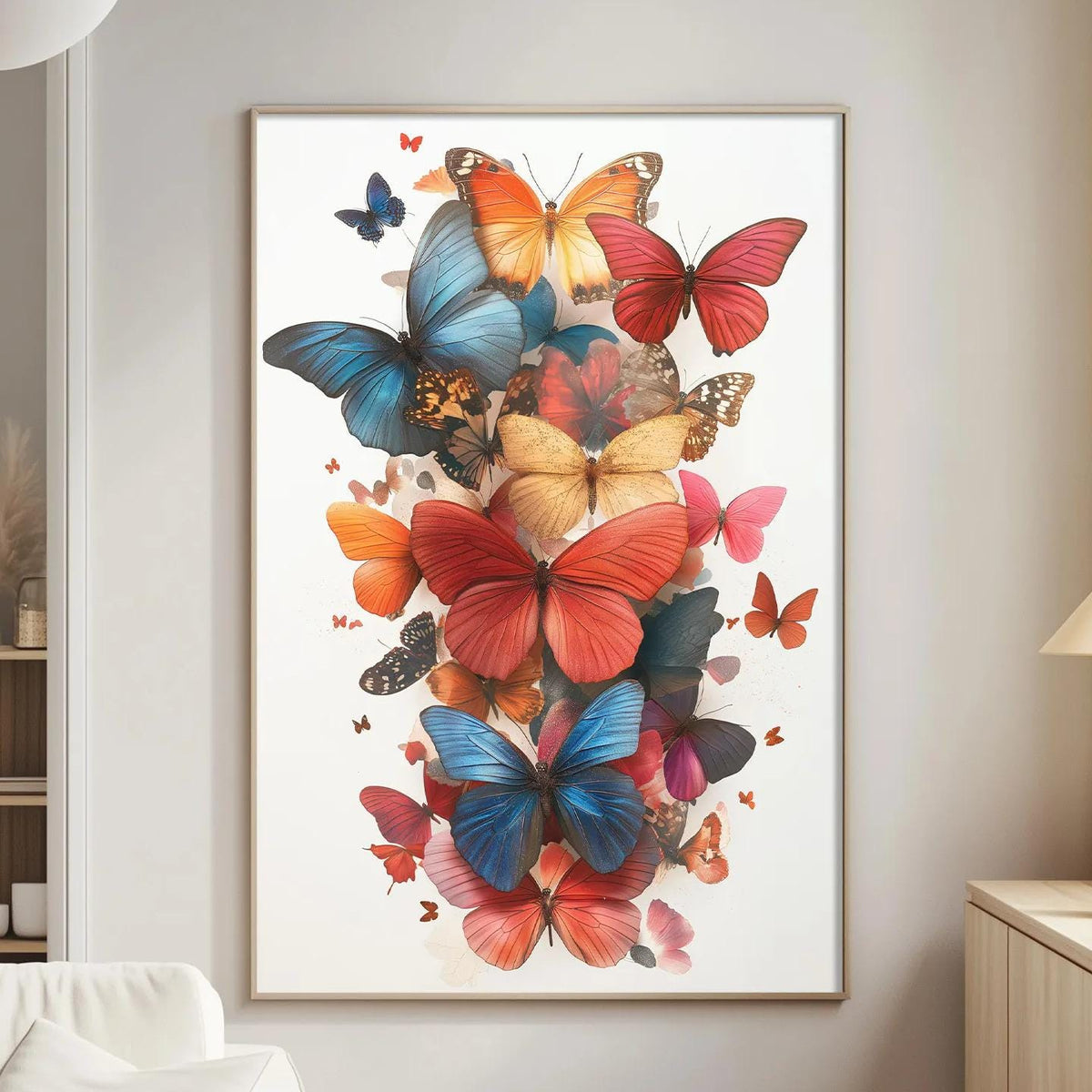 a large, colorful painting of butterflies hanging on a wall in a living room.