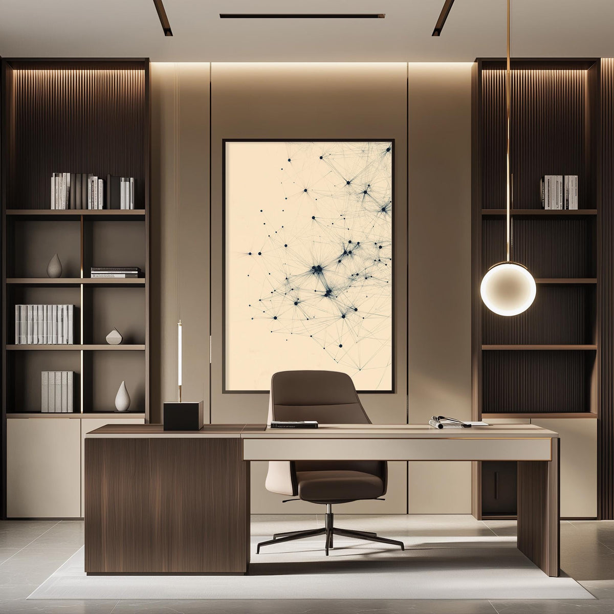 a modern and minimalist office space with a large wooden desk, a comfortable-looking chair, and a large abstract painting on the wall.