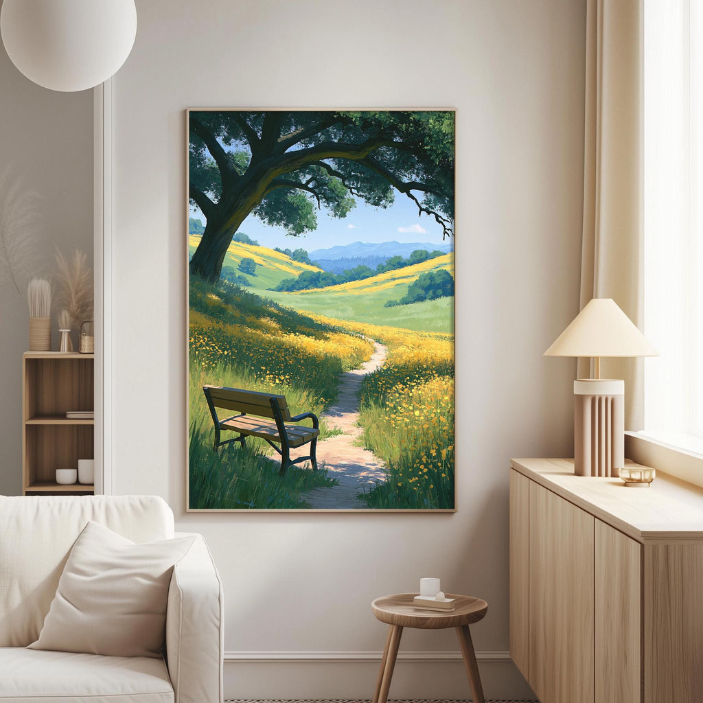 a serene landscape with a path leading through a field of flowers, a bench, and a tree.