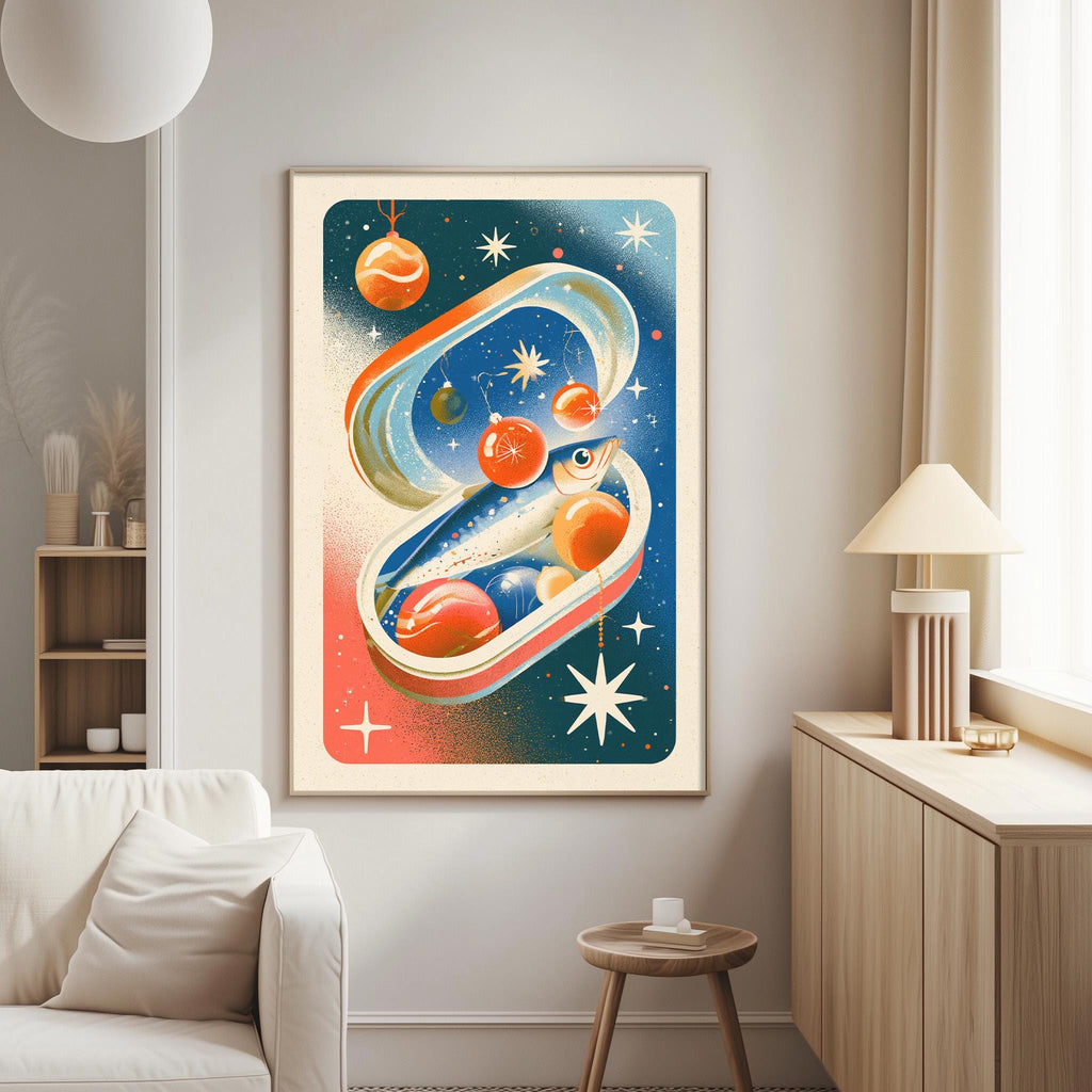 a large, colorful painting of a space scene hanging on a wall in a living room.