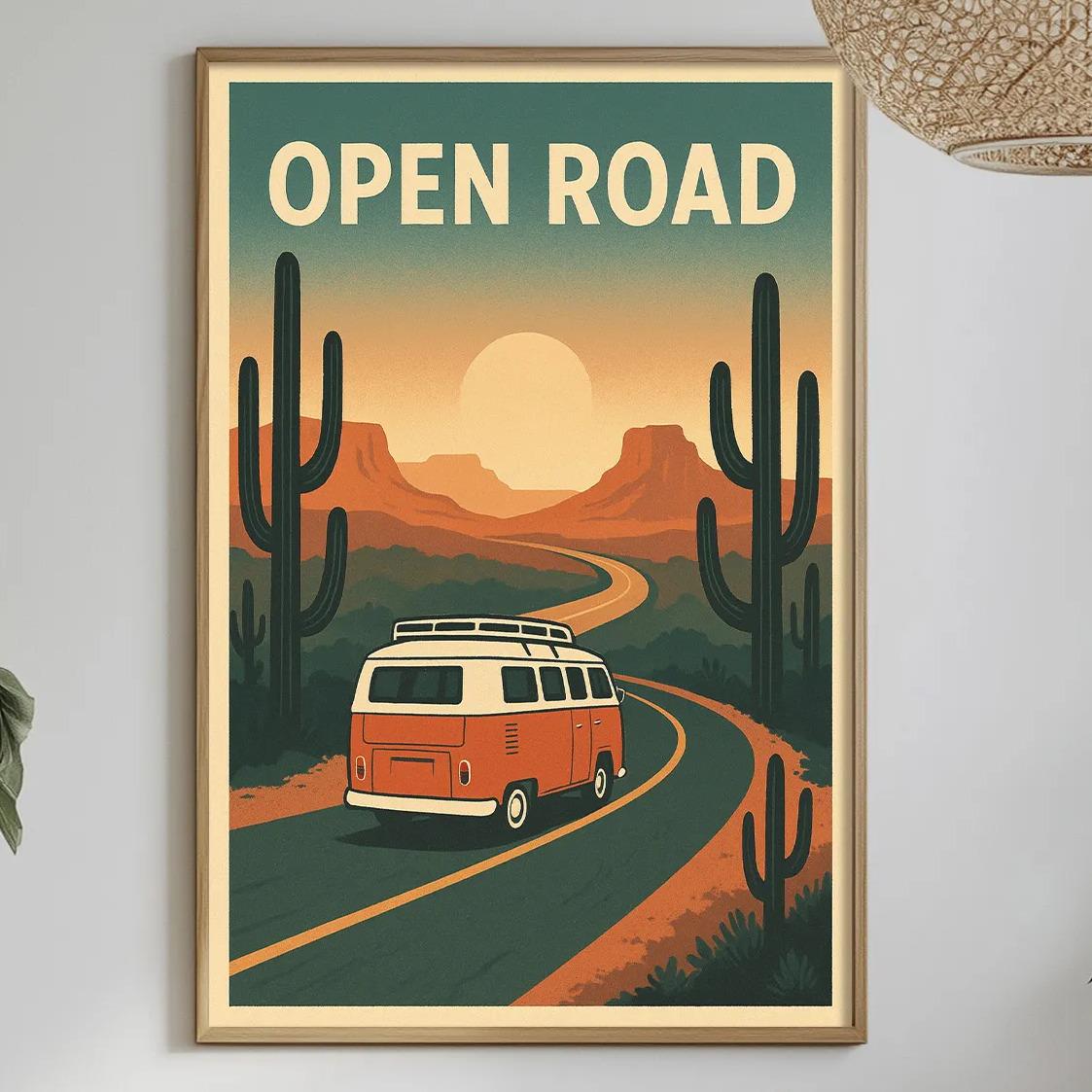 a framed poster of a red van traveling down a road through a desert landscape, with the text "OPEN ROAD" prominently displayed.