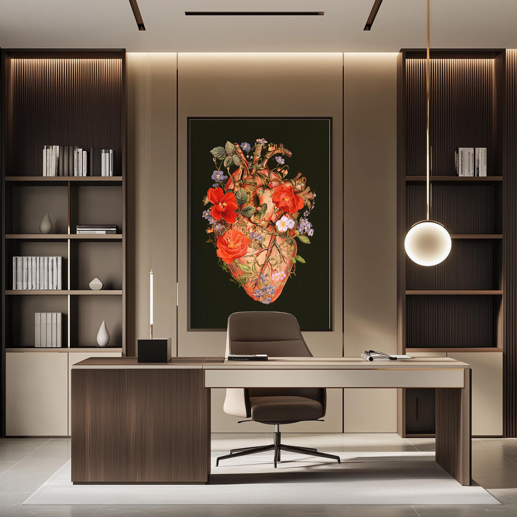 a modern and stylish office space with a large floral artwork on the wall, a wooden desk with a chair, and built-in bookshelves.