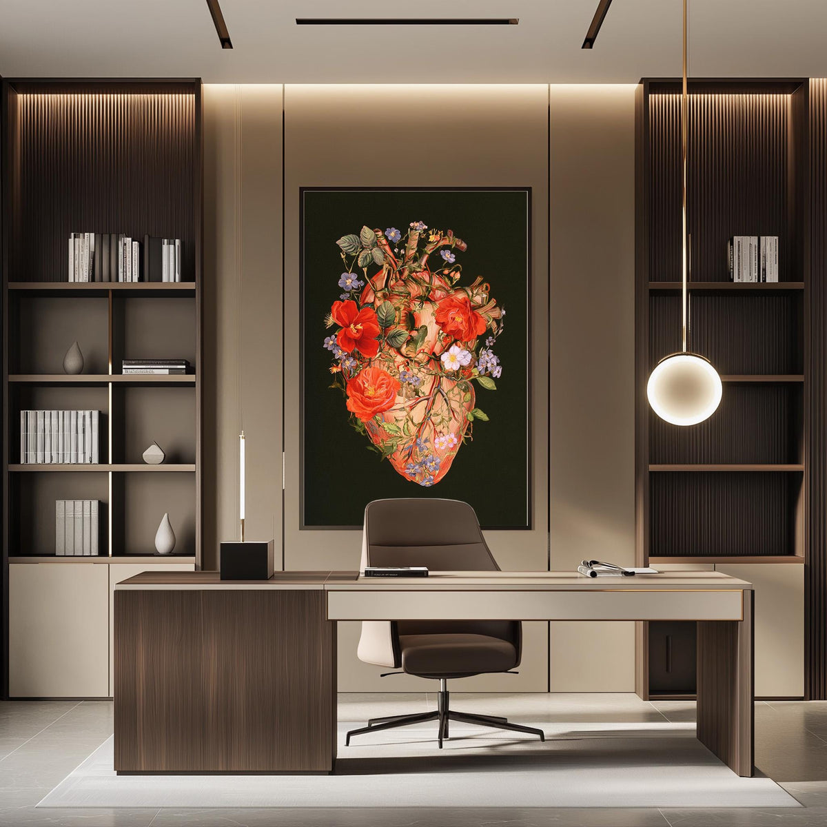 a modern and stylish office space with a large floral artwork on the wall, a wooden desk with a chair, and built-in bookshelves.