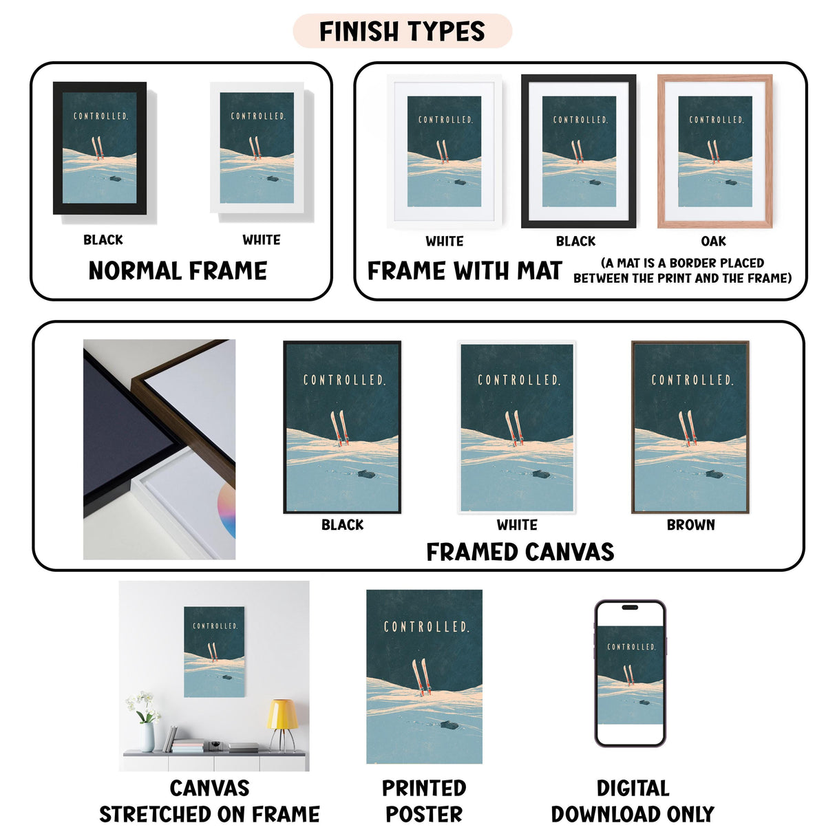 various finish types for a framed artwork, including canvas, stretched on frame, framed canvas, printed poster, and digital download only.