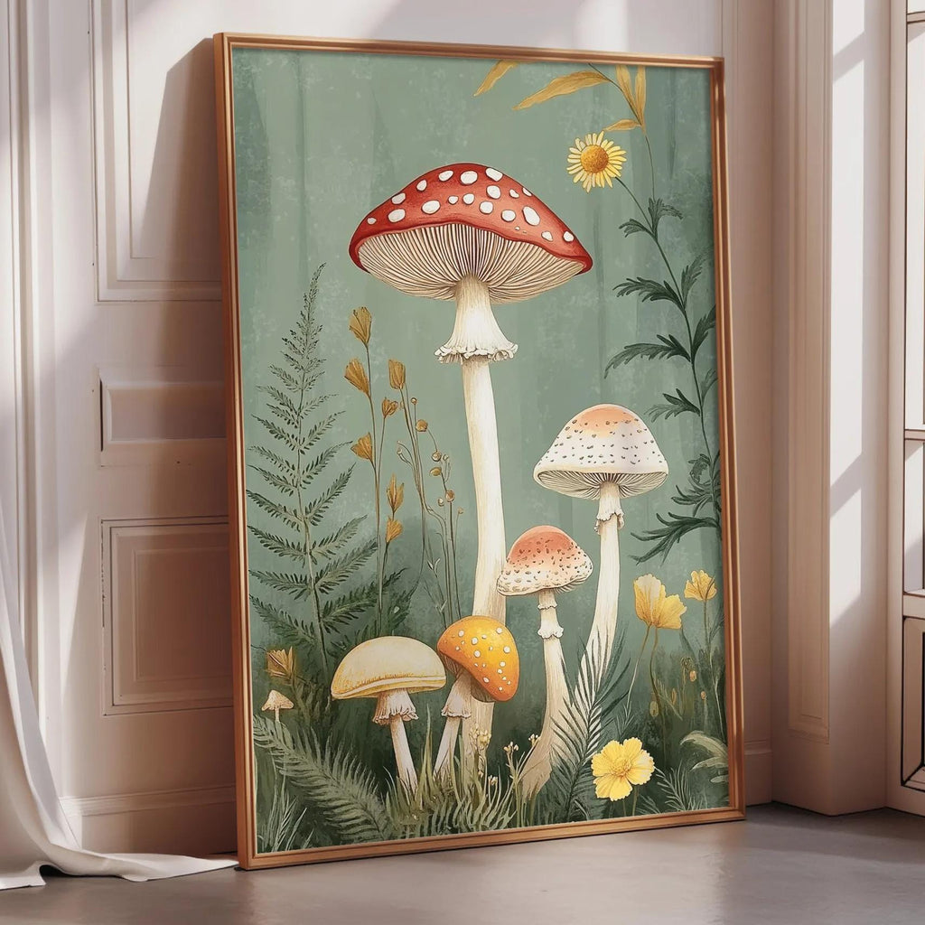 a framed painting of various mushrooms and plants, including a red-spotted mushroom, a yellow mushroom, and a plant with yellow flowers, all set against a green background.