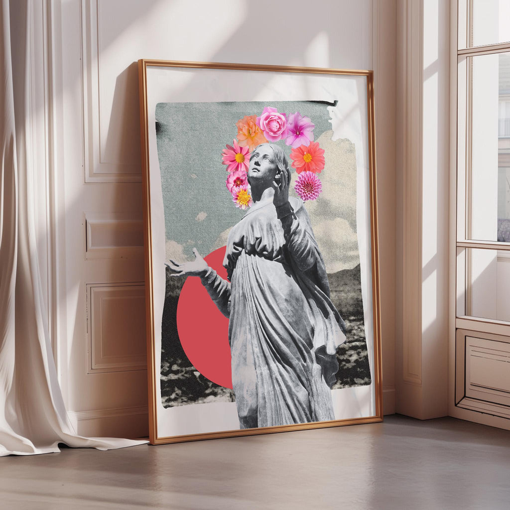 a framed artwork depicting a statue with a floral headpiece, surrounded by a collage of various images.