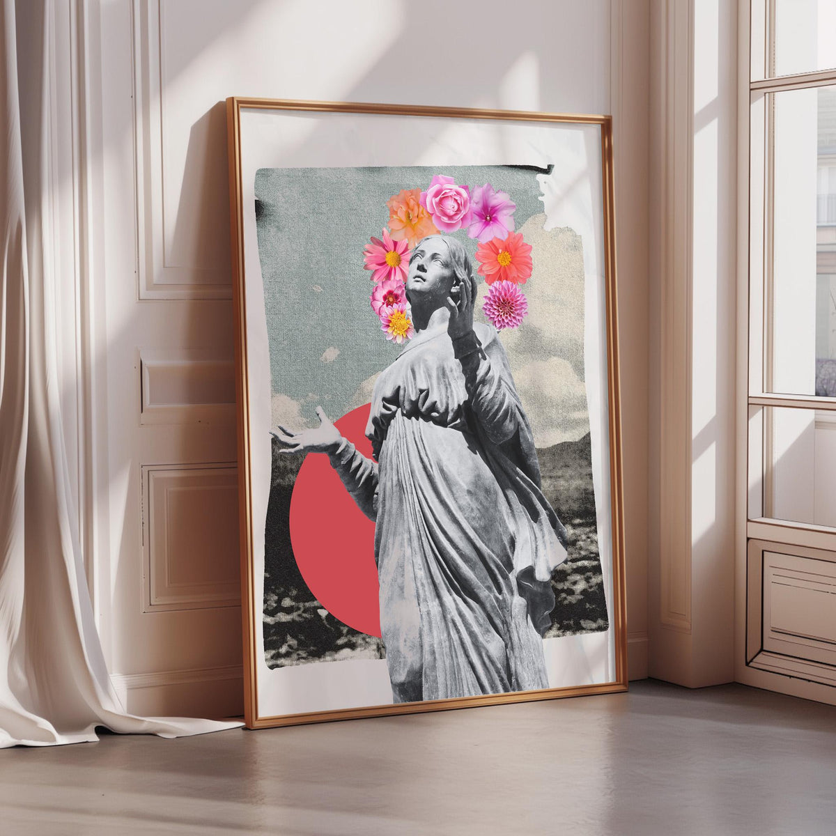 a framed artwork depicting a statue with a floral headpiece, surrounded by a collage of various images.
