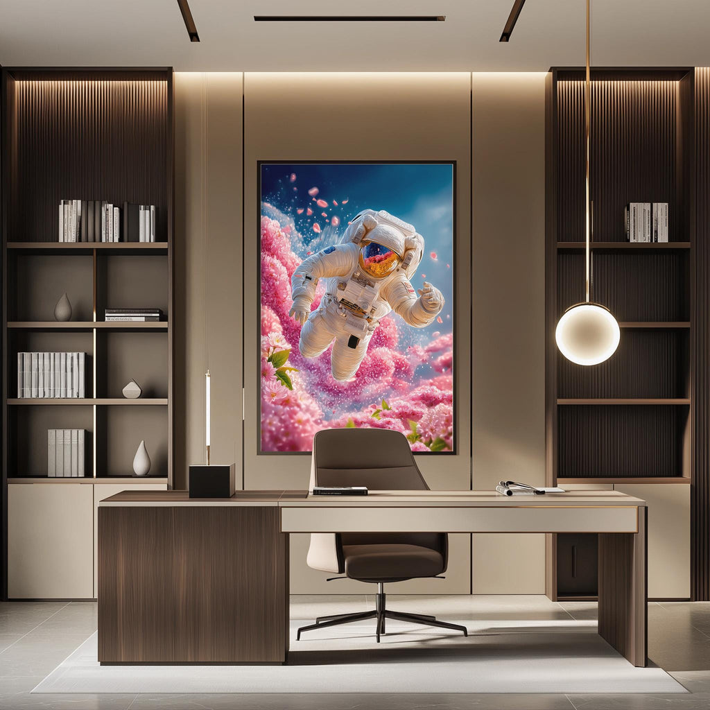 a modern office space with a large framed artwork of an astronaut floating in a pink and blue floral background. The office has a wooden desk, a chair, and a bookshelf filled with books. The overall design and decor create a professional and creative atmosphere.