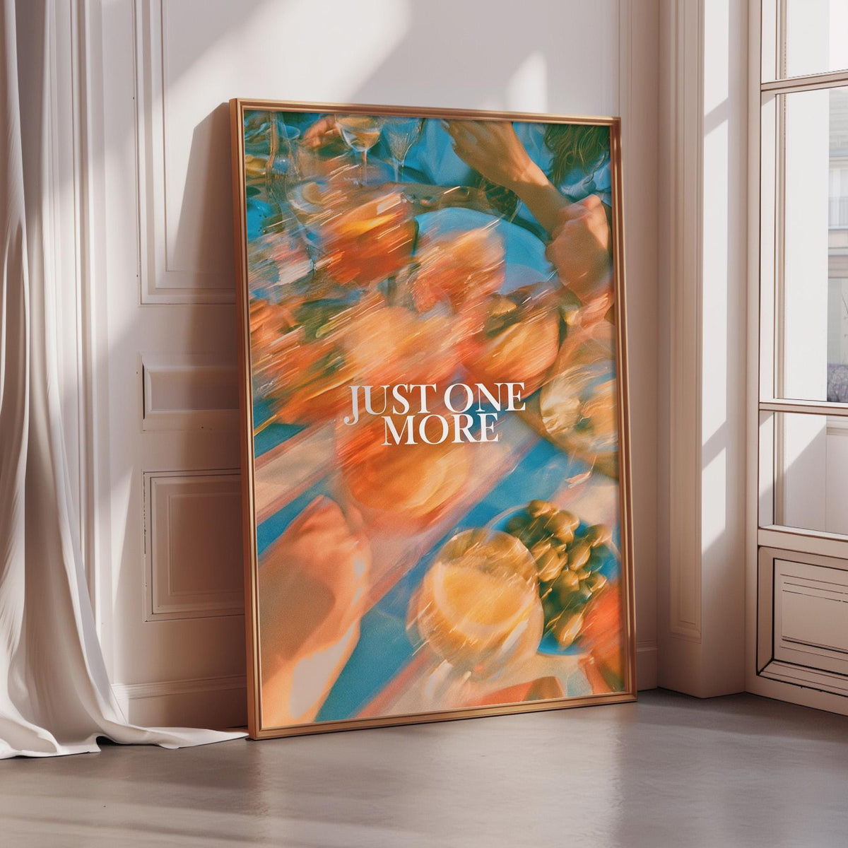 The image is a framed poster with a vibrant, colorful background featuring various fruits and a message that reads "Just one more".