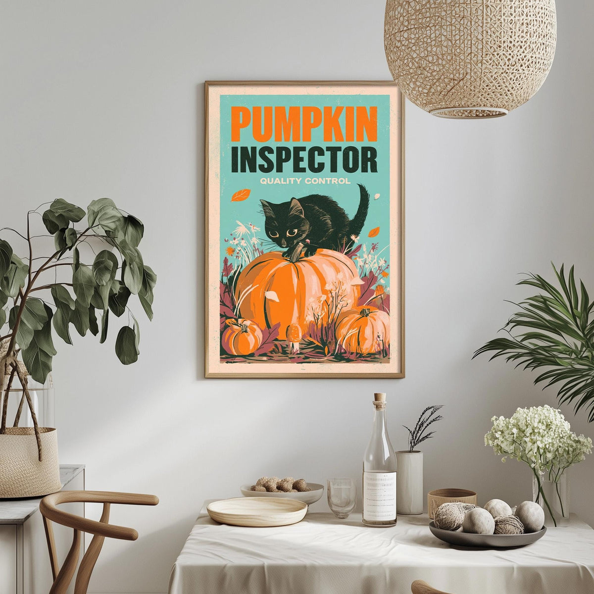 a framed poster of a black cat sitting on a pumpkin, surrounded by pumpkins and flowers, hanging on a wall above a table with various items on it.