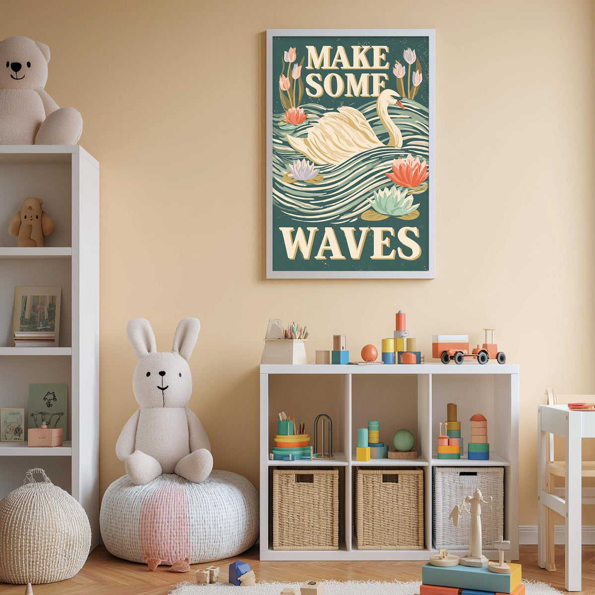 A child's bedroom with a large poster of a swan and the text "MAKE SOME WAVE" on the wall, surrounded by toys and storage bins.