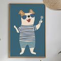 a framed illustration of a dog wearing sunglasses and holding a microphone, hanging on a wall above a dining table with various decorative items and plants.