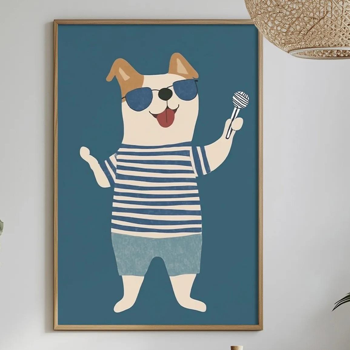 a framed illustration of a dog wearing sunglasses and holding a microphone, hanging on a wall above a dining table with various decorative items and plants.