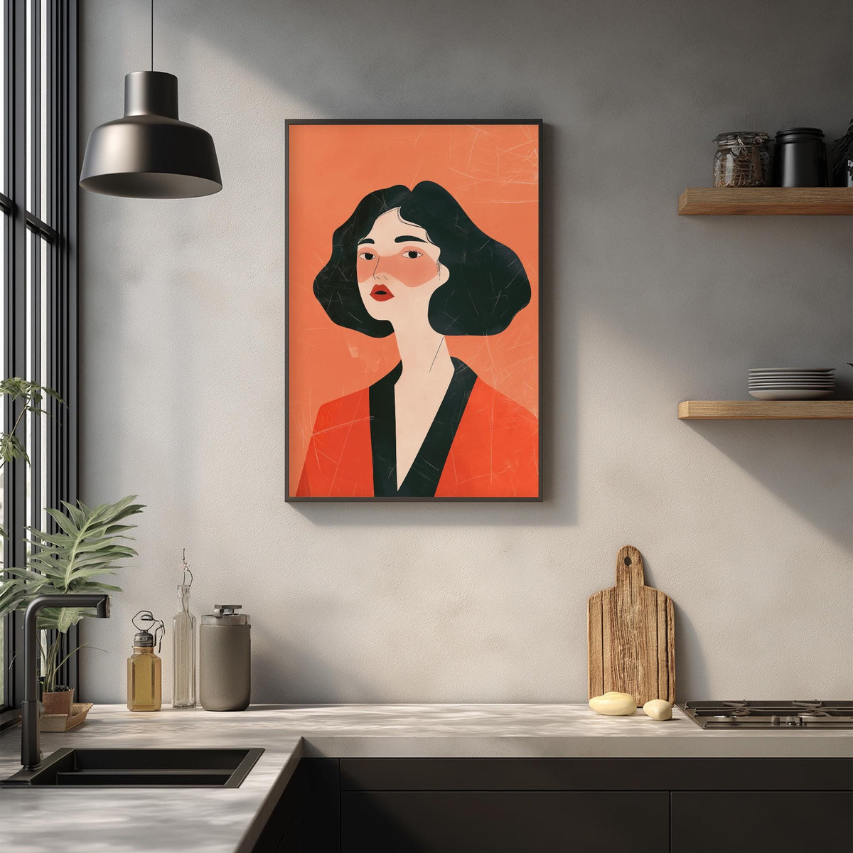 a modern kitchen with a framed illustration of a woman in a red jacket hanging on the wall above a countertop with various kitchen items.