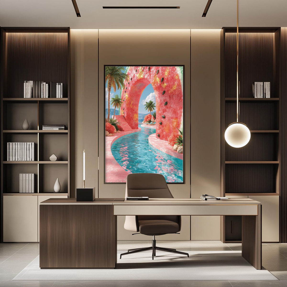 a modern office space with a large, colorful painting of a tropical beach scene hanging on the wall. The painting depicts a pink archway leading to a blue-green body of water, surrounded by palm trees and other tropical vegetation. The office has a wooden desk and chair, and a bookshelf filled with books and decorative items.