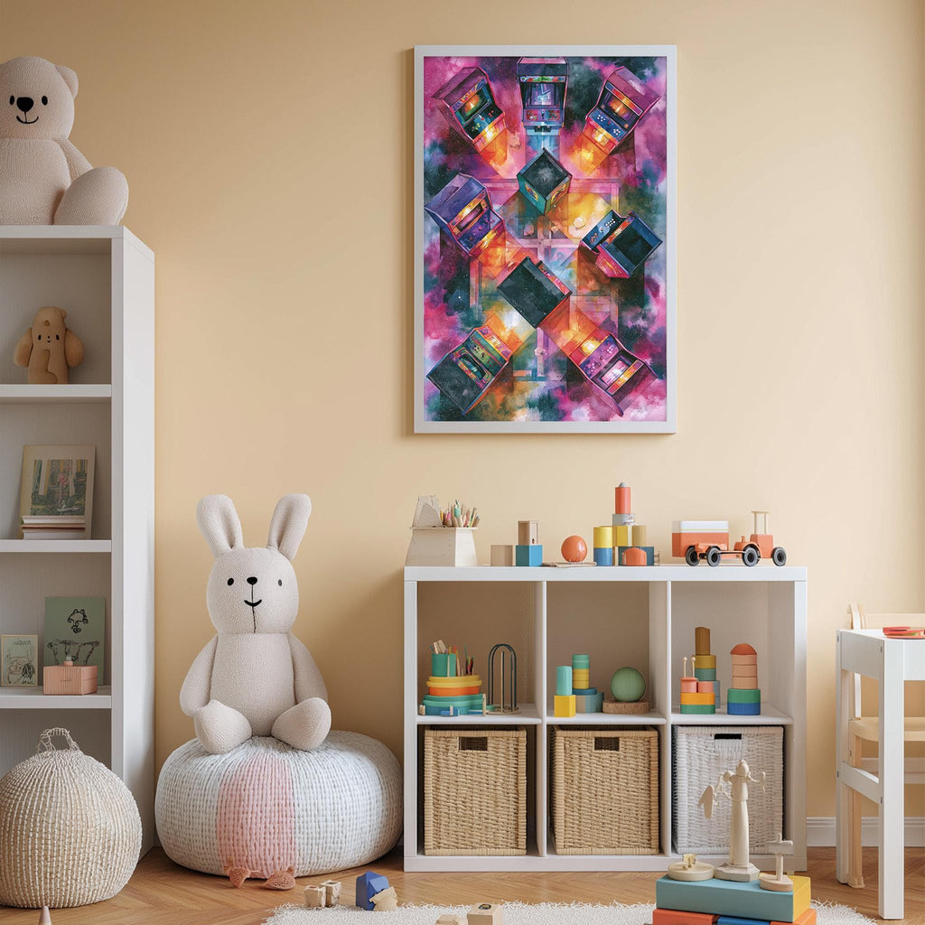 A child's bedroom with a white bookshelf, a stuffed rabbit, and a colorful abstract painting on the wall.