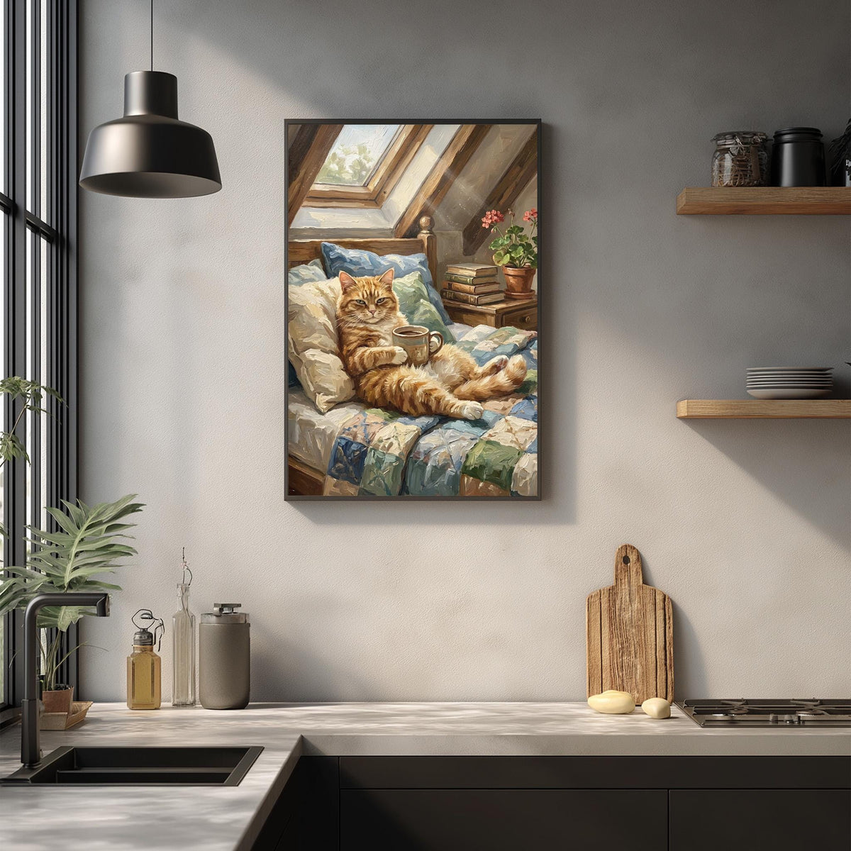 a cozy scene of a cat lounging on a bed in a sunlit room, with a potted plant and other decorative items nearby.