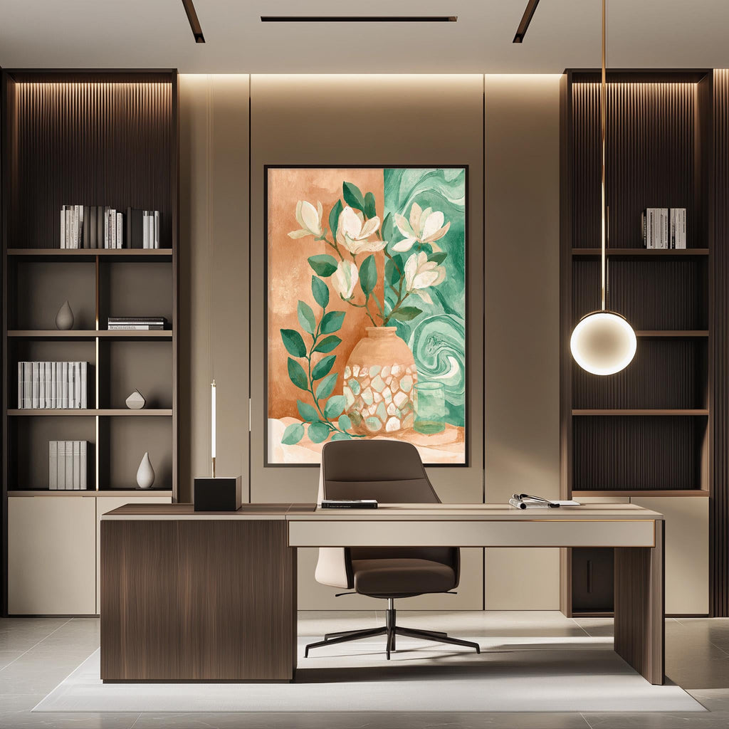 a modern and well-designed office space with a large painting of flowers on the wall, a wooden desk, and a comfortable-looking chair.