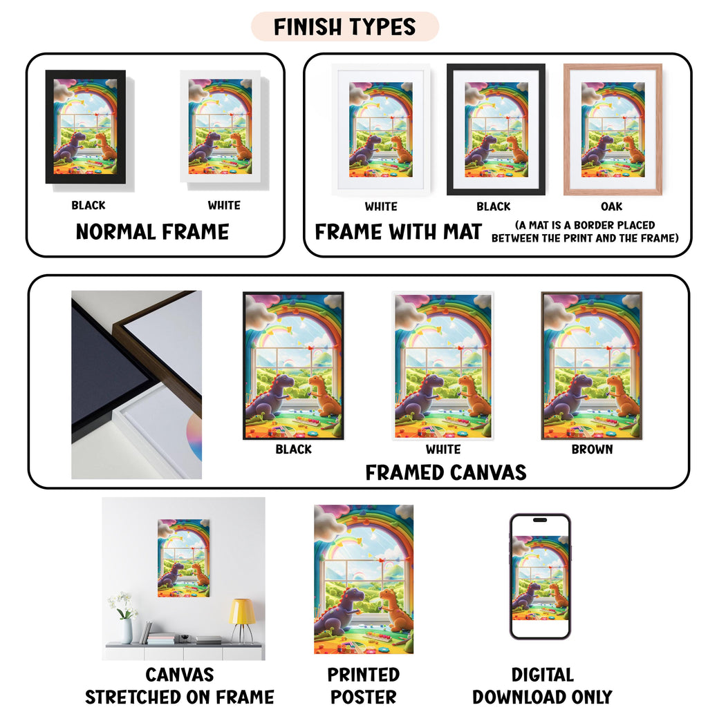 various types of framed artwork, including paintings and posters, with different finishes and mat colors. It also includes images of a canvas stretched on a frame, a framed canvas, and a digital download of a poster.