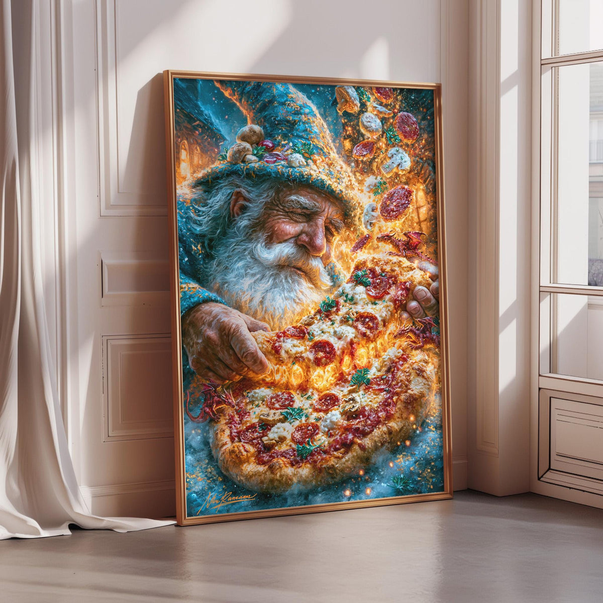 The image is a vibrant and colorful painting depicting a man with a long beard and a hat, holding a large pizza.