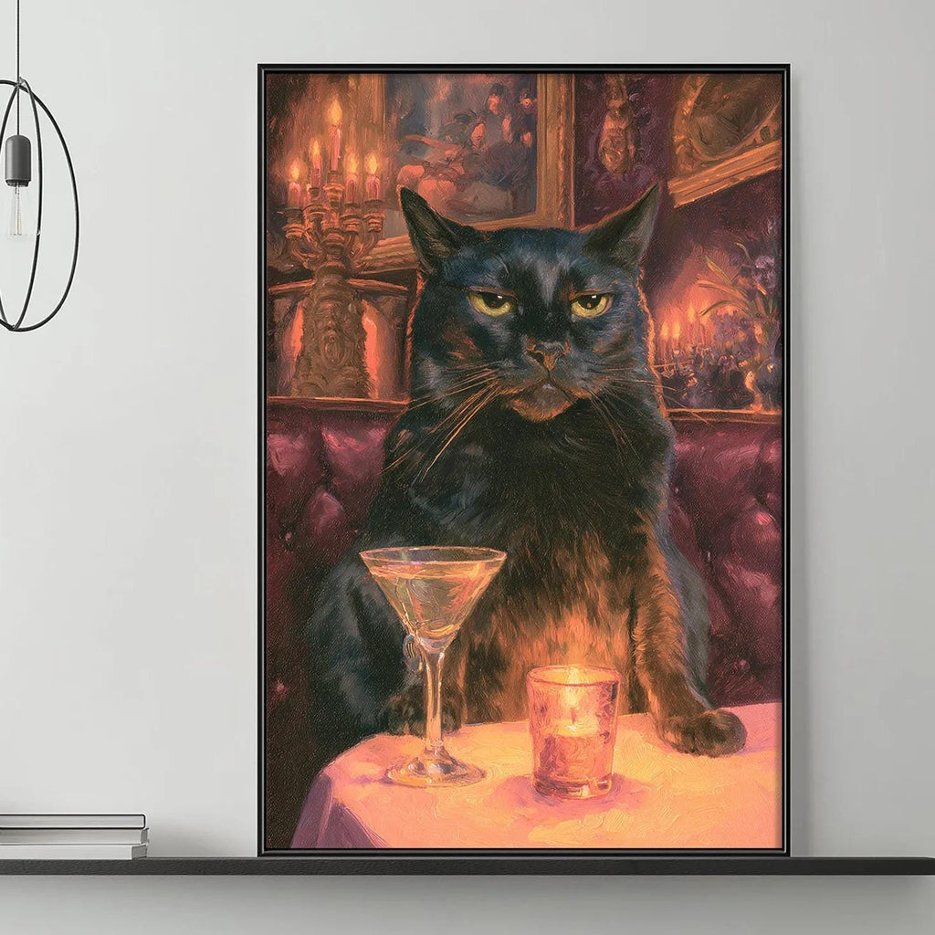 a large painting of a black cat sitting at a table with a martini glass and a candle, set against a warm, colorful background.