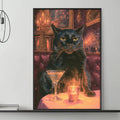 a large painting of a black cat sitting at a table with a martini glass and a candle, set against a warm, colorful background.