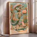 The image is a framed painting depicting a skeleton crocodile holding a carved pumpkin, with the word "Halloween" written below.