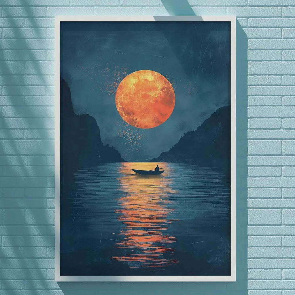 a large, vibrant painting of a boat on a lake, with a large orange moon in the background.