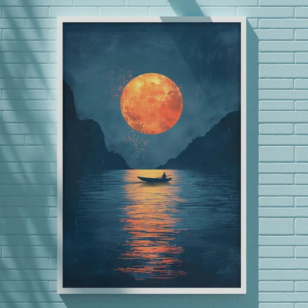 a large, vibrant painting of a boat on a lake, with a large orange moon in the background.