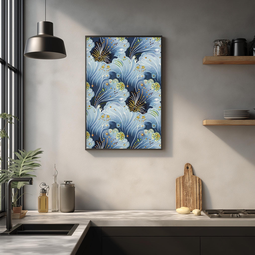a modern kitchen with a large framed artwork hanging on the wall above a wooden cutting board and other kitchen items.