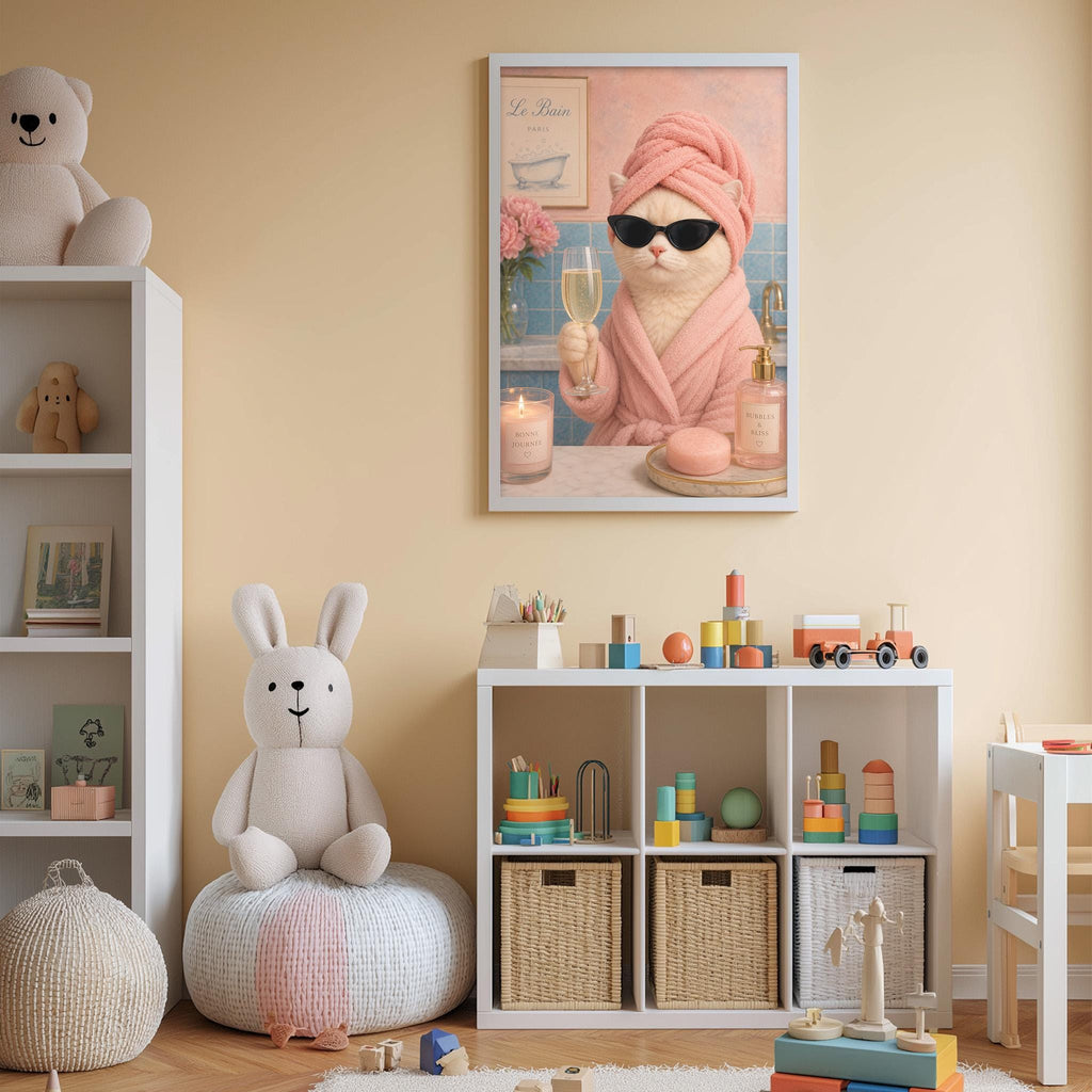 A cozy children's room with a large framed picture of a cat wearing a pink bathrobe and sunglasses, holding a wine glass, surrounded by toys and a bookshelf.