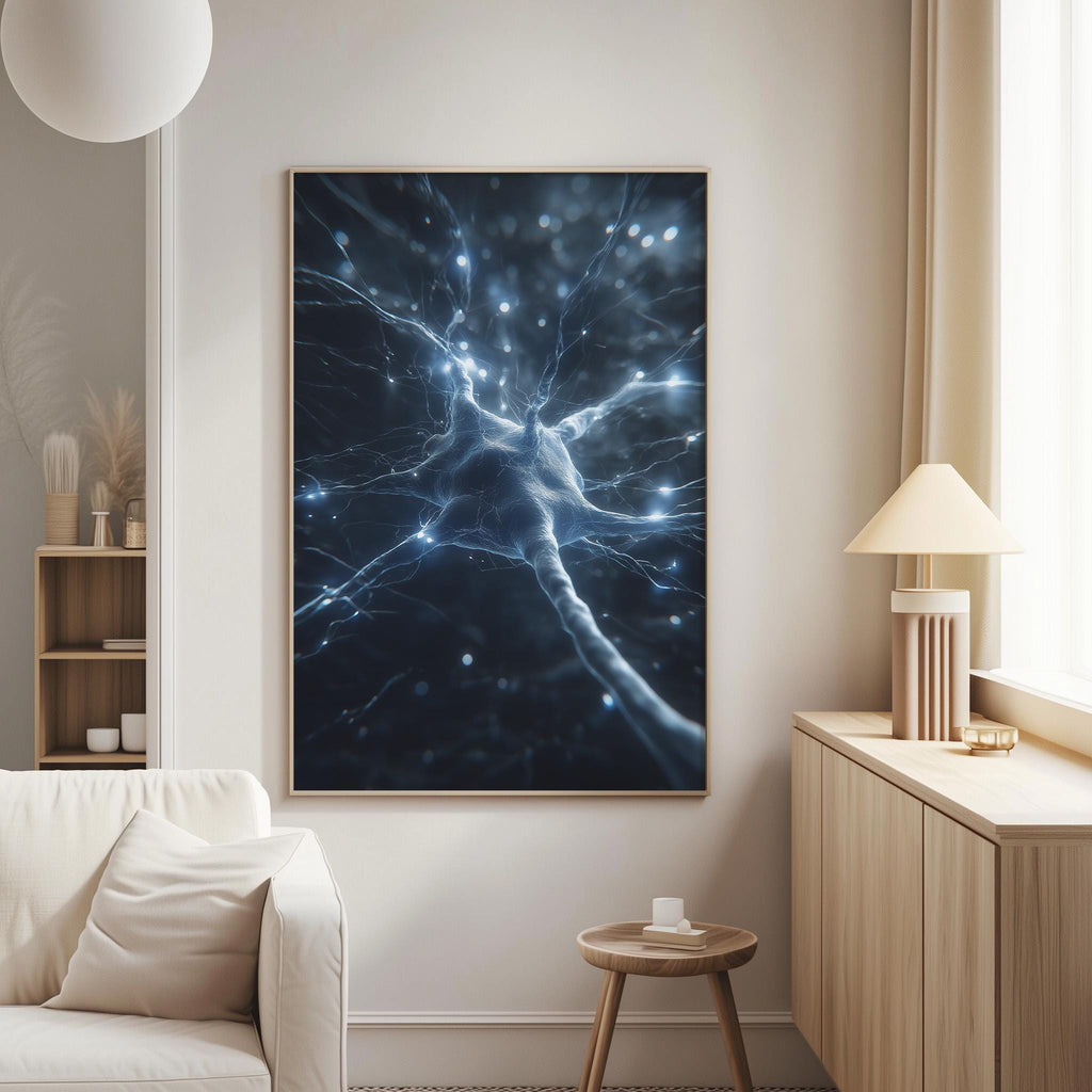 a large, striking black and white photograph of a brain, with intricate patterns and lines that create a sense of complexity and depth. The photograph is displayed on a wall in a living room setting, with a white couch and a wooden side table visible in the background.