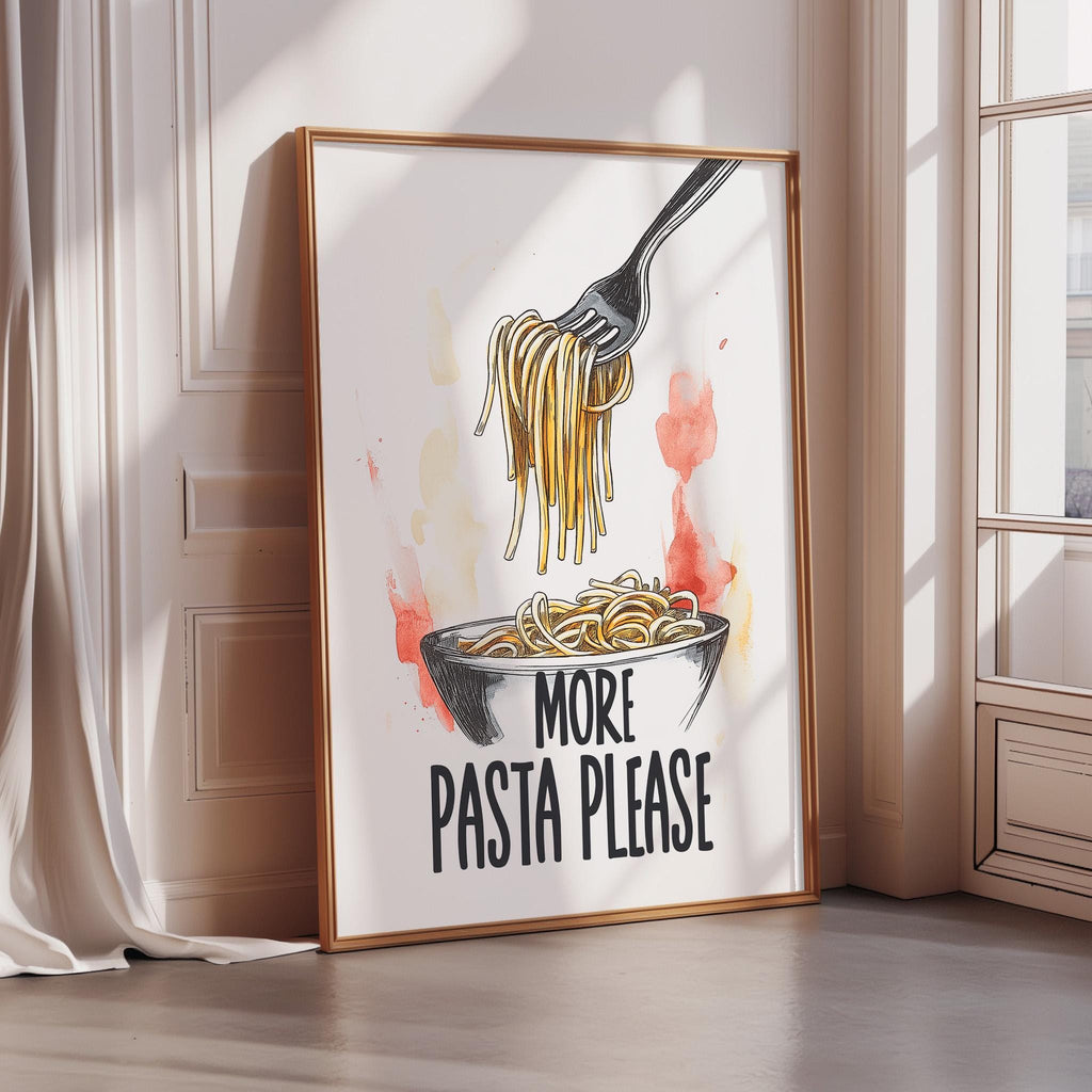 a framed poster with a hand holding a fork over a bowl of noodles, accompanied by the text "MORE PASTA PLEASE".