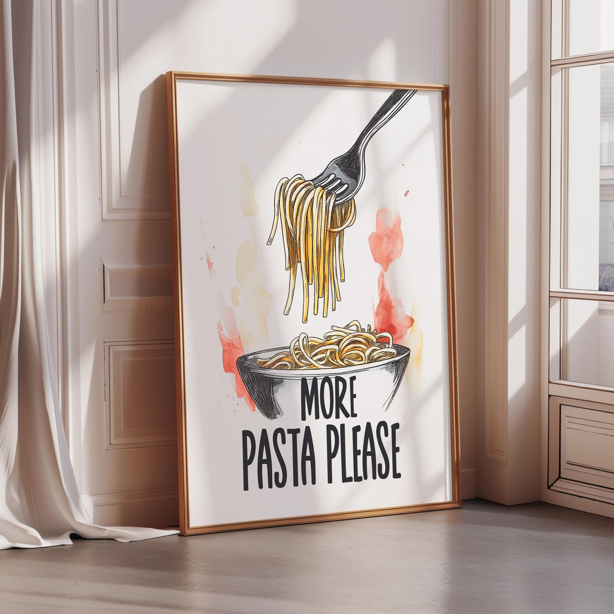 a framed poster with a hand holding a fork over a bowl of noodles, accompanied by the text "MORE PASTA PLEASE".