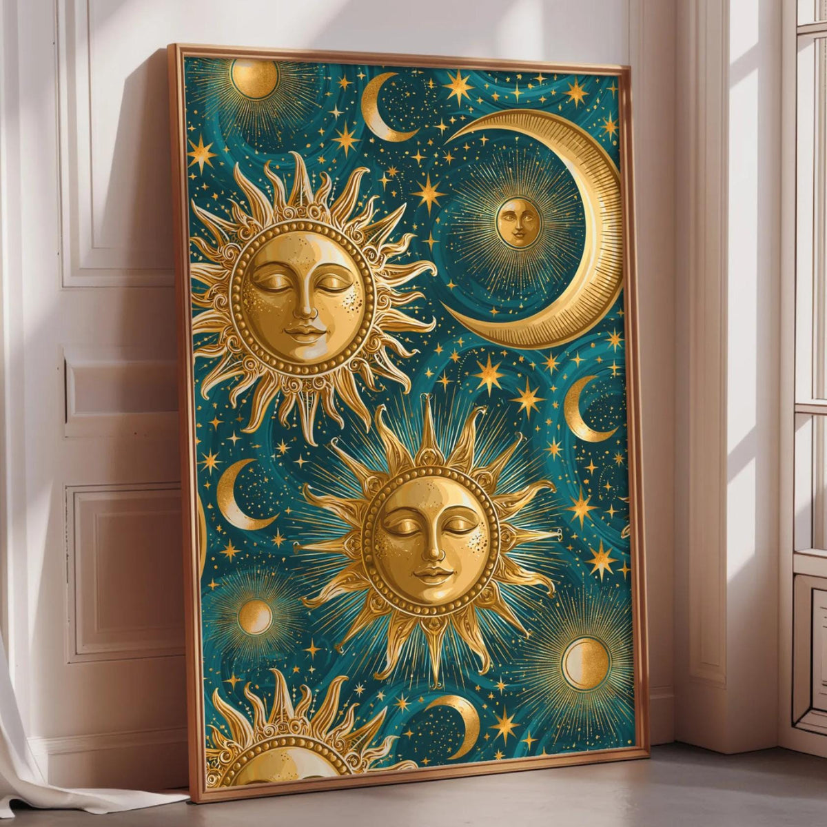 a framed poster with a vibrant and intricate design of sun and moon faces against a starry night sky background.