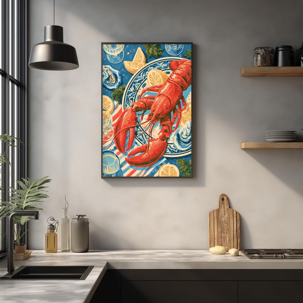 a framed painting of a lobster on a blue and white background, hanging on a wall above a kitchen counter.