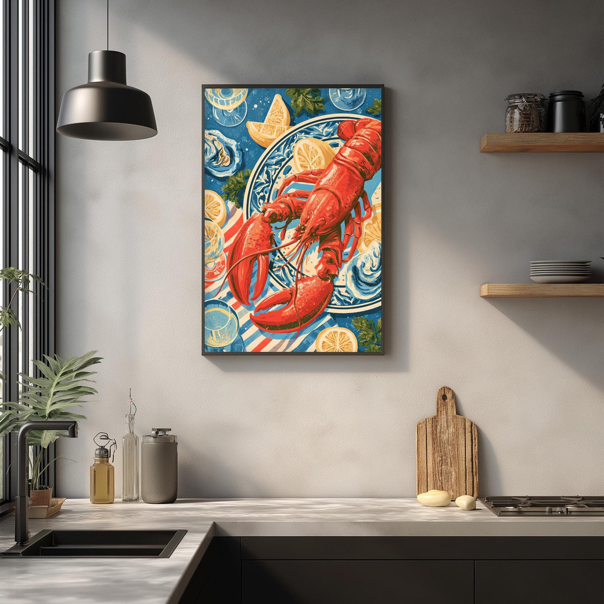 a framed painting of a lobster on a blue and white background, hanging on a wall above a kitchen counter.