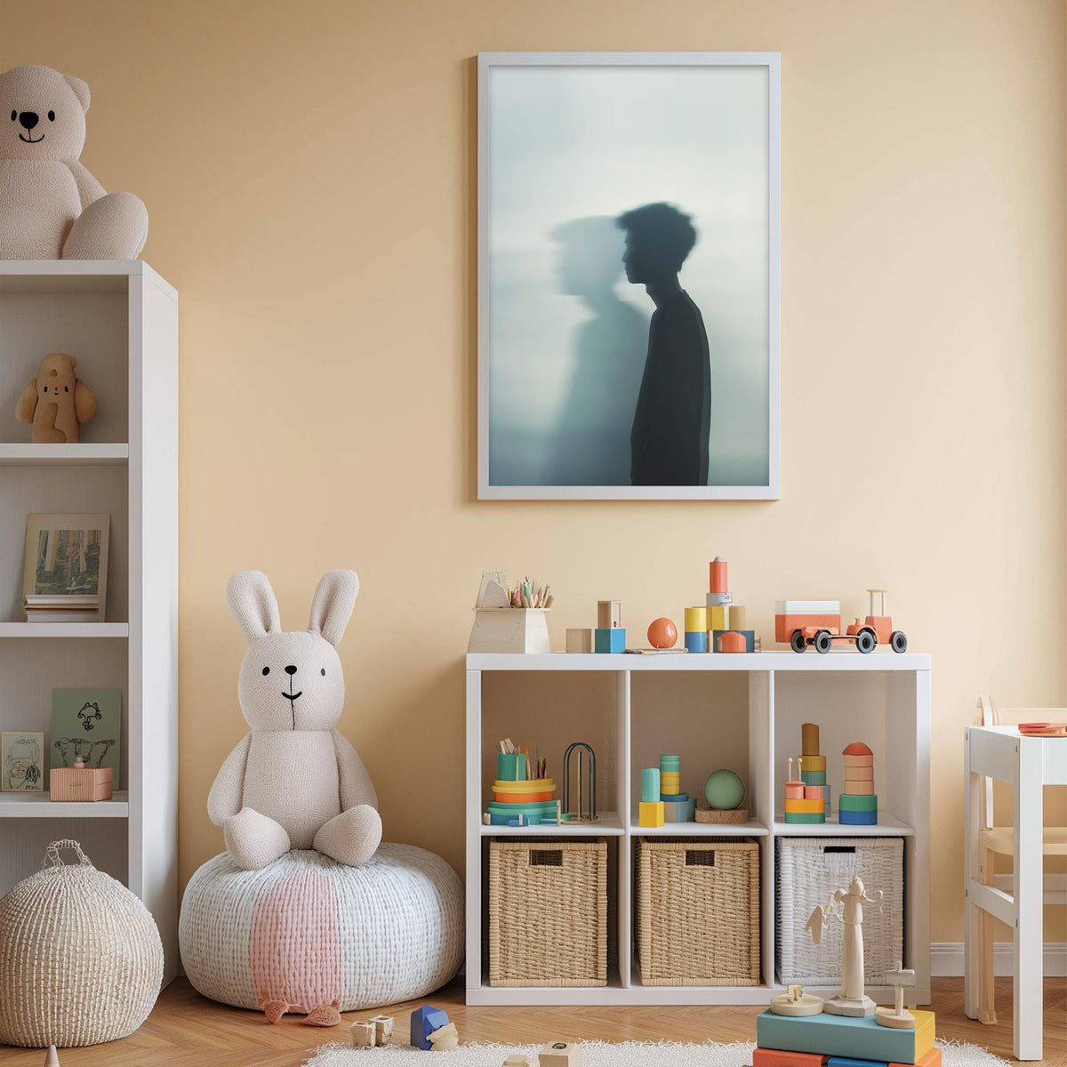 A cozy children's room with a white bookshelf, a plush white bunny, and a colorful toy box filled with toys. A framed artwork of a person's silhouette is displayed on the wall above the toy box.