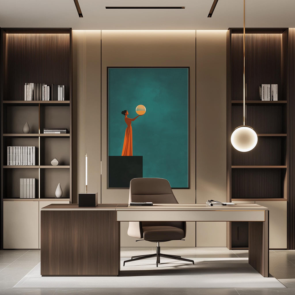 a modern and minimalist office space with a large desk, a comfortable chair, and a framed artwork featuring a woman holding a globe. The room is well-lit, with a pendant light hanging above the desk and a bookshelf filled with books on the right side. The overall design and layout of the space create a clean and organized atmosphere.
