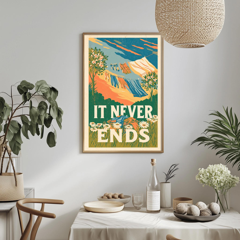 a framed poster with a colorful illustration of a mountain landscape, hanging on a wall above a dining table with various decorative items and plants.