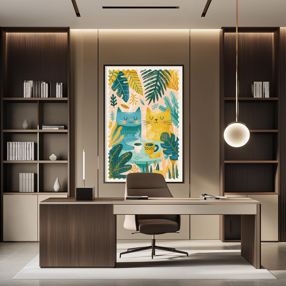 a modern and stylish home office with a large, colorful painting of cats and tropical plants hanging on the wall above a wooden desk.
