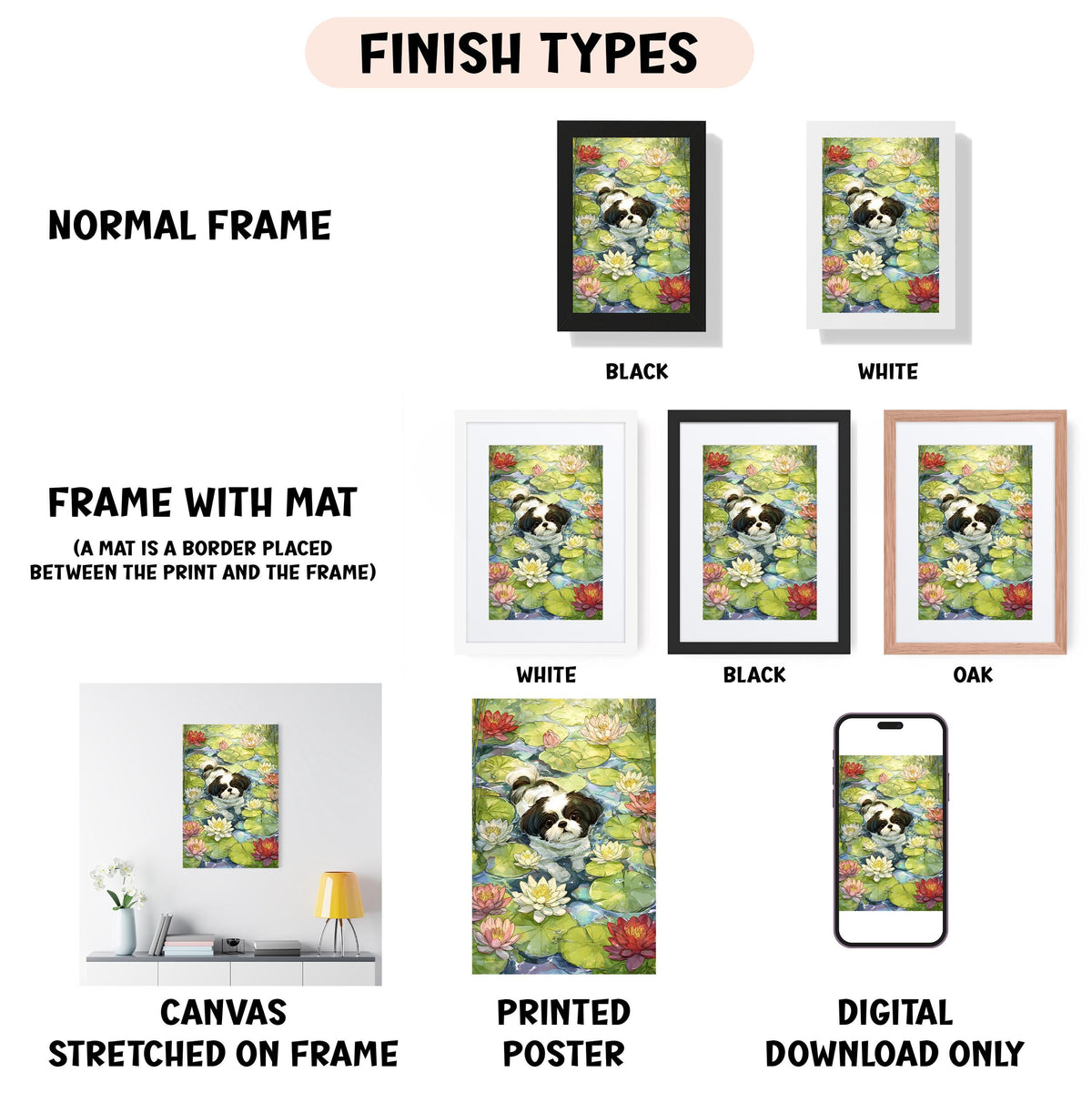 various types of artwork, including a painting of a dog in a pond, framed in different styles and colors.