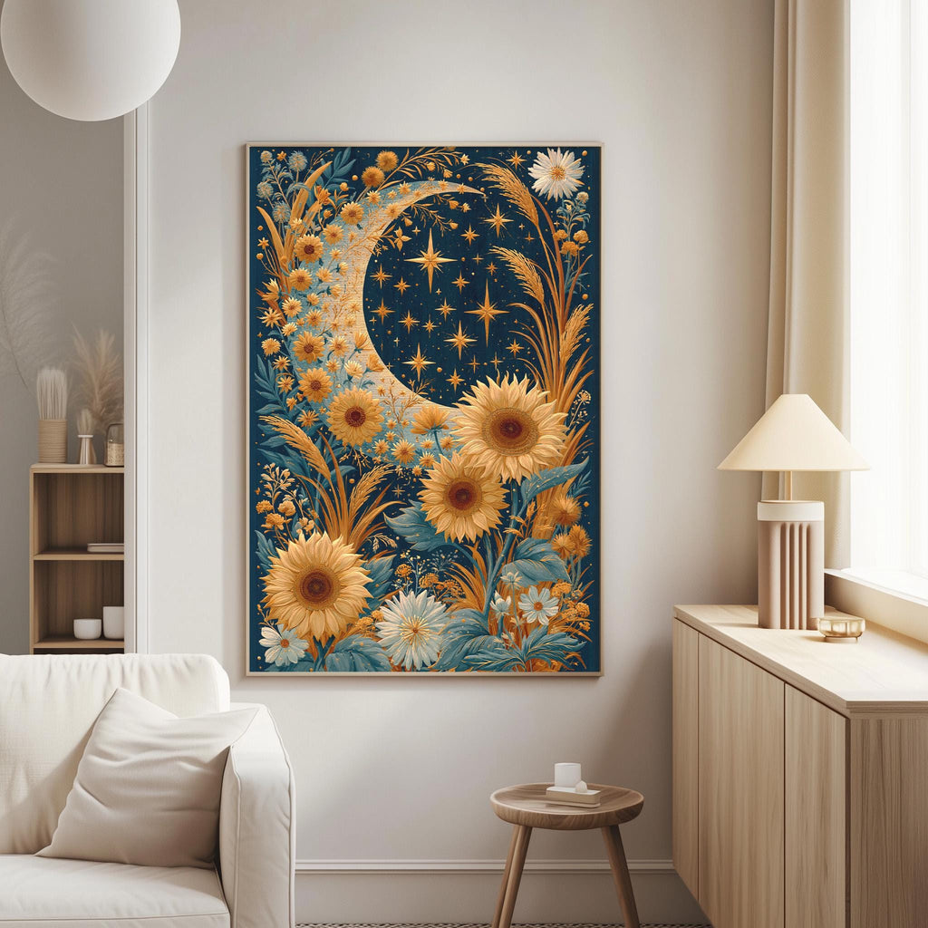 a large, colorful painting of a crescent moon and sunflowers hanging on a wall in a living room.