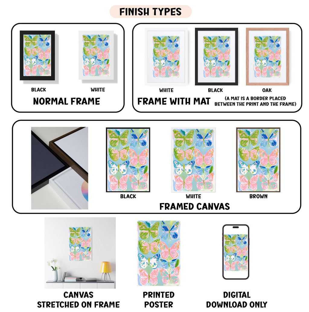 The image is a collection of different finish types for a floral print, including a normal frame, a frame with a mat, a white frame, a black frame, a white frame with a mat, a black frame, a framed canvas, a stretched canvas, a printed poster, and a digital download only.